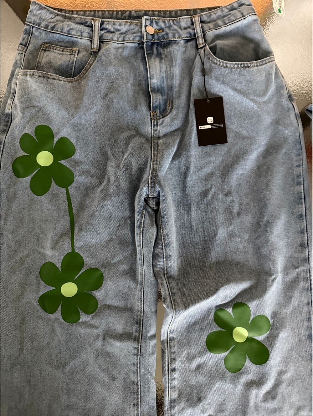 StyleWe Light Blue Denim Jacket and Wide Leg Jeans Set with Green Floral Prints